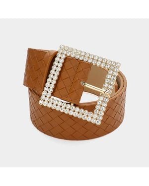 Fashnzfab Round Rhinestone Embellished Square Buckle Braided Faux Leather Belt - Brown
