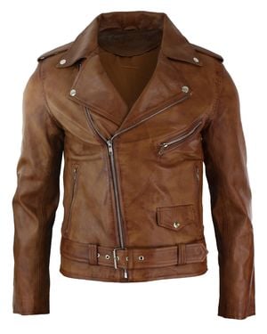 TruClothing Cowhide Motorcycle Cross Zip Biker Jacket - Brown