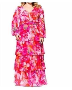 Xscape Norene Print Chiffon Long Sleeve Ruffle Floor Length Dress - Pink