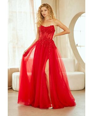 TRUEDAMES Strapless Corset Prom Dress With Beaded Bodice & Lace-Up Back Evening Gown - Red