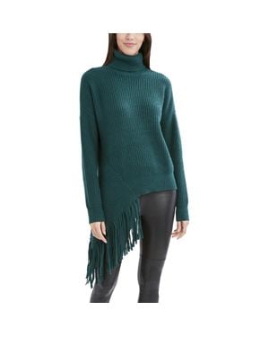 BCBGMAXAZRIA Ribbed Knit Fringe Turtleneck Sweater - Green