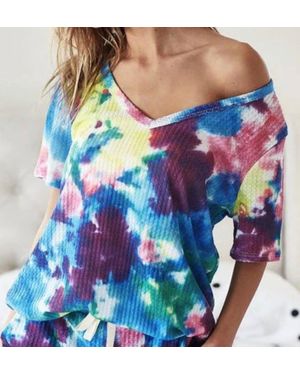Bibi Waffle Tie Dye V-Neck Top - Blue