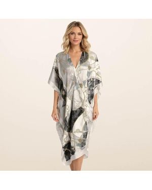 TRUEDAMES Lightweight Abstract Pattern Print Satin Feel Kimono Style Long Cover Up Poncho - Gray