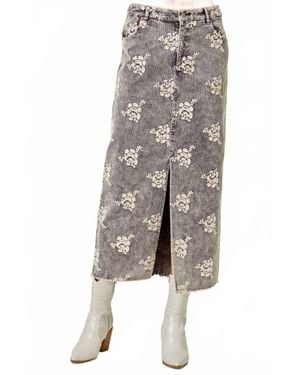Mystree Embroidered Front Slit Corduroy Midi Skirt - Black