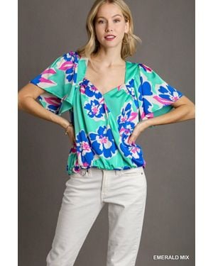 Umgee Floral Print Surplice Short Sleeve Wrap Top - Blue