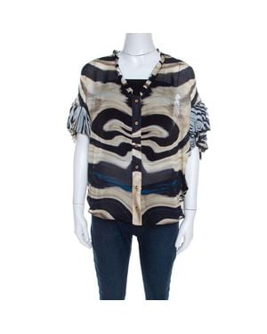 Roberto Cavalli Striped Silk Batwing Sleeve Ruffled Top - Blue