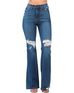 Judy Blue High Rise Control Top Distressed Flare Jeans - Blue