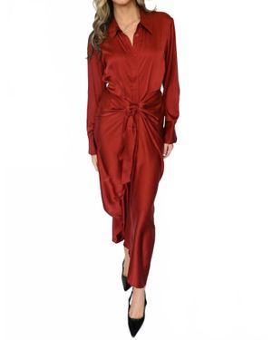 Elan Long Sleeve Tie Front Satin Dress - Red