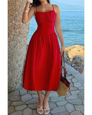 TRUEDAMES Solid Sleeveless Ruched Bust A Line Dress - Red