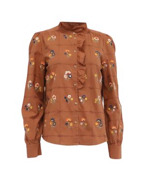 Sezane Chlo Floral-Embroidered Shirt - Brown