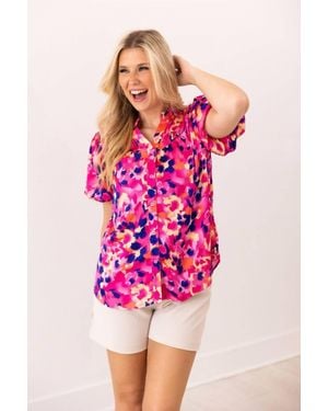 Grace + Emma Button-Up Short Sleeve Blouse - Pink