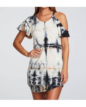 Chaser Brand Linen French Terry Tie Dye Vented Flutter Sleeve Dress - Gray
