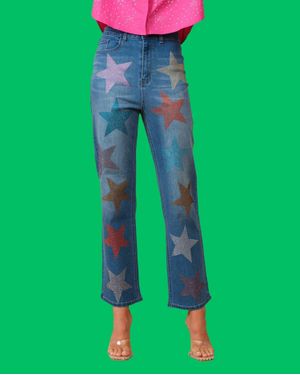 Blue B Nellie Star Bedazzled Wide Leg Jeans - Green