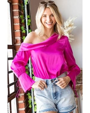 First Love One Shoulder Ruffle Sleeve Satin Bodysuit - Pink