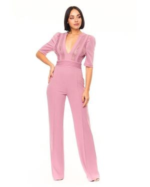 TRUEDAMES Deep V-Neck Crochet Bodice Jumpsuit - Pink