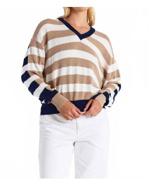 Brodie Cashmere Mesh Stripe V Sweater - White