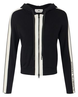 Elisabetta Franchi Hooded Sweater With Contrasting Stripes And Branded Detail - Black