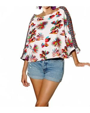 KikiSol Serenity Fiesta Leaf French Terry Maysa Top With Trim Print Shoulder - White