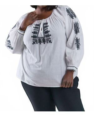 Karen Kane Cotton Embroidered Long Sleeve Peasant Top - Gray