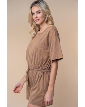 TRUEDAMES Birch Full Size Short Sleeve Drawstring Romper - Natural