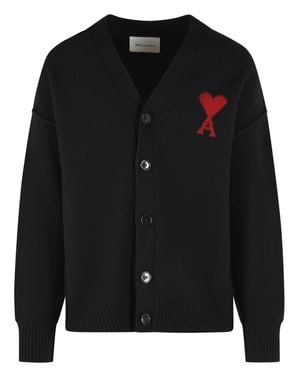 Ami Paris Virgin Wool Cardigan With V-Neckline - Black