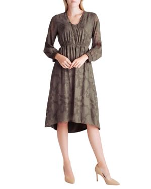 Kensie Smocked Delicate Burn Out Long Sleeve Midi Dress - Brown