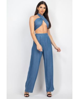 TRUEDAMES Tube Tied Top & Wide Pants Set - Blue