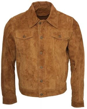 Infinity Leather Trucker Classic Suede Leather Shirt Jeans Jacket - Brown