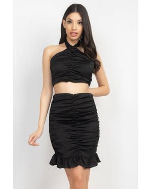 TRUEDAMES Halter Neck Crop Top & Skirts Set - Black
