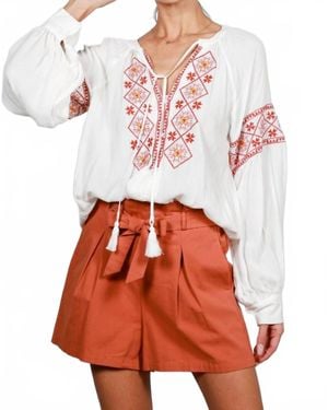 Vine & Love Tie Neck Tassel Trim Embroidered Bohemian Blouse