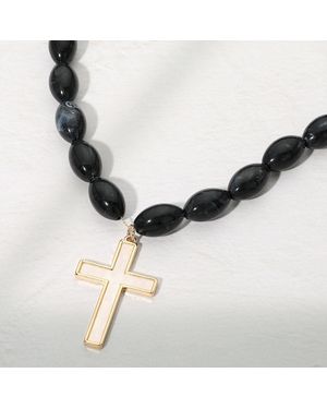 Fashnzfab Cross Pendant Chunky Oval Beaded Statement Necklace - Metallic