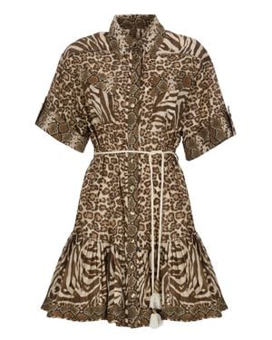 Zimmermann Animal Print Cotton Mini Dress With Belted Waist And Ruffled Hem - Brown