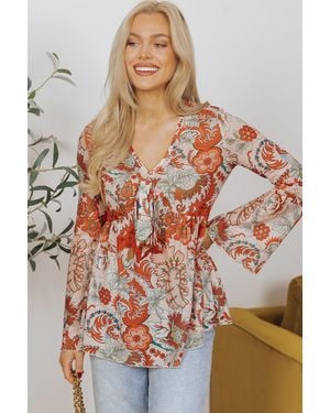 TRUEDAMES Floral Print Deep V Neck Knot Bell Sleeve Blouse - Orange