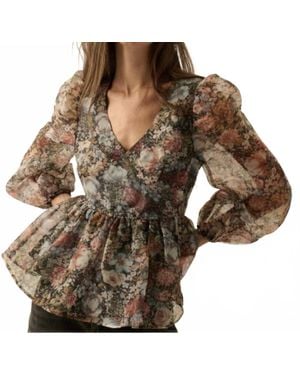 Promesa Floral Print Organza Puff-Sleeve Peplum Top - Brown
