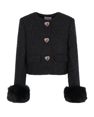 Self-Portrait Cropped Metallic Bouclé Faux Fur Cuff Jacket - Black