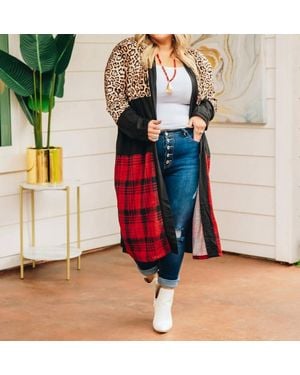 Southern Grace Chill Adulting Cardigan With Leopard And Plaid - Red
