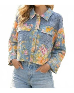 Mystree Mixed Media Floral Denim Jacket - Blue