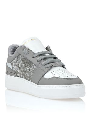 Philipp Plein Lo-Top Crystal Leather Sneakers Skull & Bones - Gray