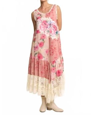 Davi & Dani Print Flower Patchwork Lace Tiered Dress - Pink