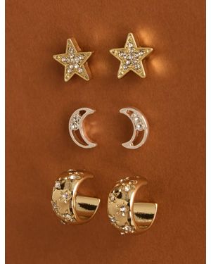 Lucky Brand Star And Moon Stud And Hoop Earring Set - Brown