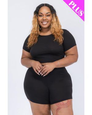 TRUEDAMES Plus Size Short Sleeve Crop Top & Shorts Set - Black