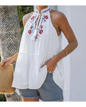 LAVENDER J Embroidery Tassel Tie Ruffle Top - White