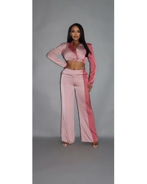TRUEDAMES Colorblock Crop Blazer With Matching Low Rise Wide Leg Pant Set With Pockets - Black