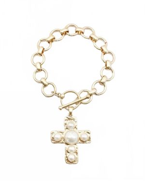 PennyLine Inc Pearl Cross Charm Toggle Bracelet - Metallic
