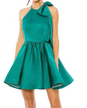 Ieena for Mac Duggal Brocade Halter Bow Neck Sleeveless Full Skirt Mini Dress - Green