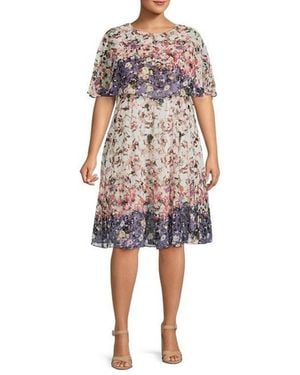 Maison Tara Floral Print Short Sleeve Cape Fit & Flare Dress - Multicolor