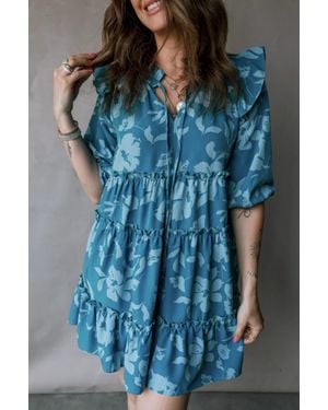 Umgee Half Tiered Ruffle Mini Dress - Blue