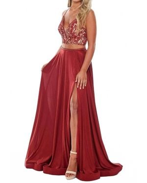 Rachel Allan Two-Piece Beaded V-Neck Jersey A-Line Gown - Red