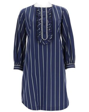 Fay Striped Midi Dress With Ruffled Bib Detail - Blue