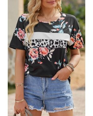 Shiying Fashion Leopard Striped Floral T-Shirt - Black